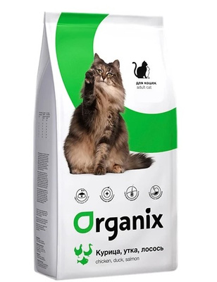 Сухой корм для кошек ORGANIX для здоровья кожи и блеска шерсти, с курицей, с уткой, с лососем