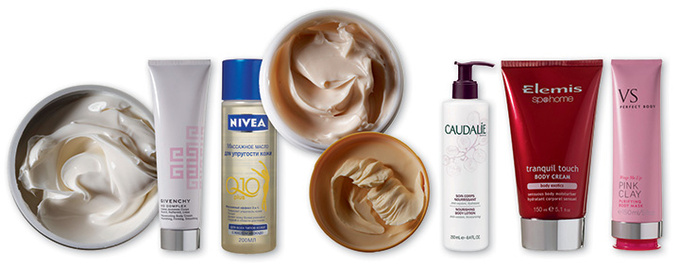 L’Occitane Питательный крем для тела Rose Tenderness; Givenchy Омолаживающий крем для тела No Complex; Nivea Масло для упругости кожи Q10 Plus; The Body Shop Питательное масло Honeymania; Valmont Моделирующий бальзам C. Curve Shaper; Caudalie Молочко для сияния и упругости кожи тела; Elemis Крем для тела Tranquil Touch; Victoria’s Secret Очищающая маска для тела Wrap Me Up Pink Clay Perfect Body.