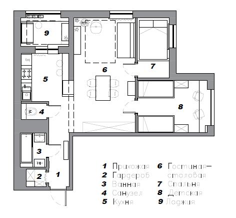 Этнический интерьер в бетонной квартире 64 м²