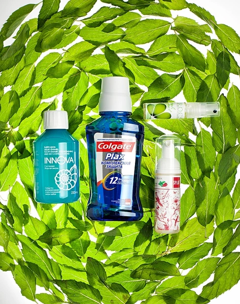 Innova Суспензия «Жидкая эмаль», Colgate Plax Ополаскиватель для полости рта комплексная защита, R.O.C.S. Спрей-освежитель, Splat Очищающая пенка для зубов и десен | Источник: Валерия Михеенко