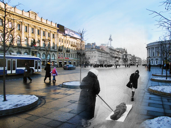 Ленинград 1941 года и Санкт-Петербург 2009-го. Невский проспект. Блокада | Источник: Сергей Ларенков