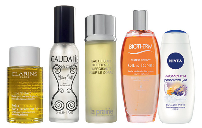 Clarins Масло для тела Relax; Caudalie Спрей для лица Eau de Beauté; La Prairie Спрей для тела Cellular Energizing; Biotherm Масло-тоник для тела Oil & Tonic; Nivea Пена для ванны «Моменты релаксации».