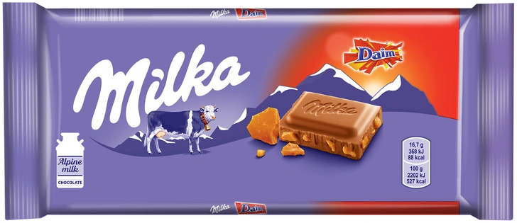 Шоколад Milka Daim с кусочками миндальной карамели