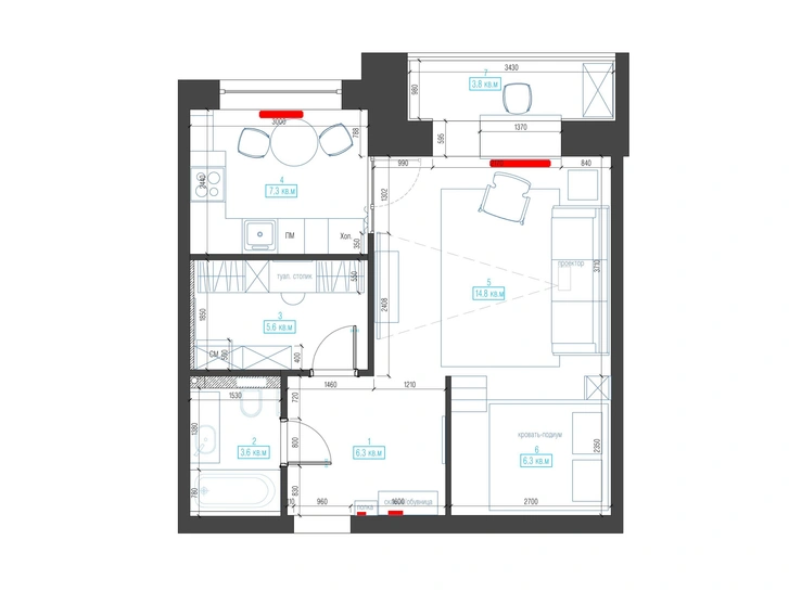 План квартиры 47,7 м², дизайнер Мария Тихонова.