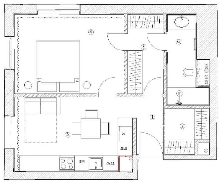 Квартира 49 м² с круговой планировкой и мужским интерьером в Москве