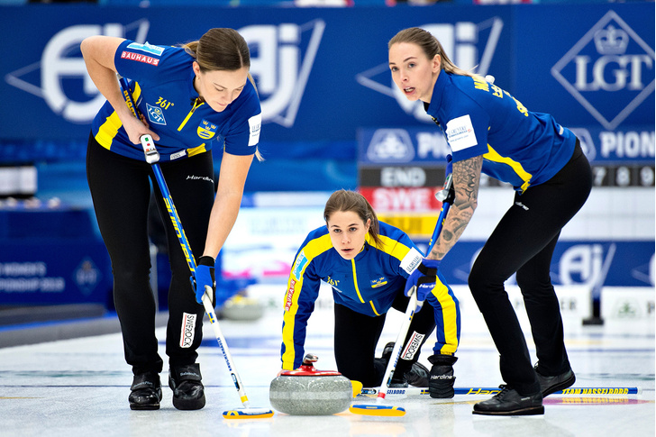 Sweden's team competes in the Curling World Championship final Sweden v Switzerland in Silkeborg, Denmark on March 24, 2019.