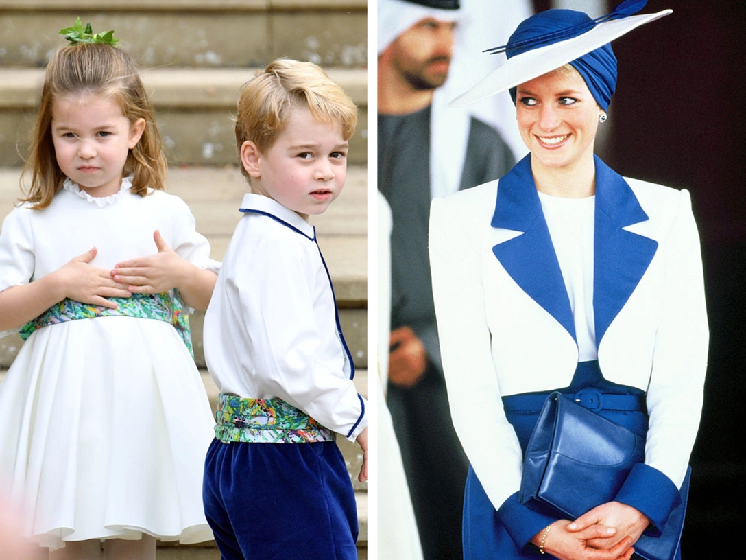 Принцесса Шарлотта и принц Джордж на свадьбе принцессы Евгении и Джека Бруксбэнка, Виндзор, 12 октября 2018; принцесса Диана в Дубае, 17 мая 1989 | marieclaire.ru